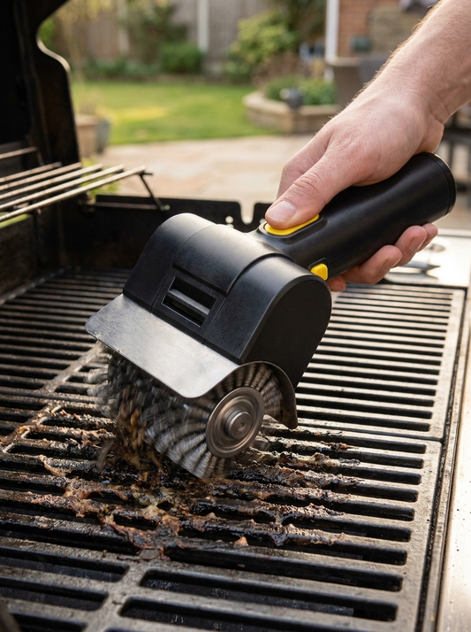 Cepillo eléctrico GrillBrixx limpiando una parrilla de gas, con el cabezal giratorio eliminando grasa y restos quemados de la rejilla