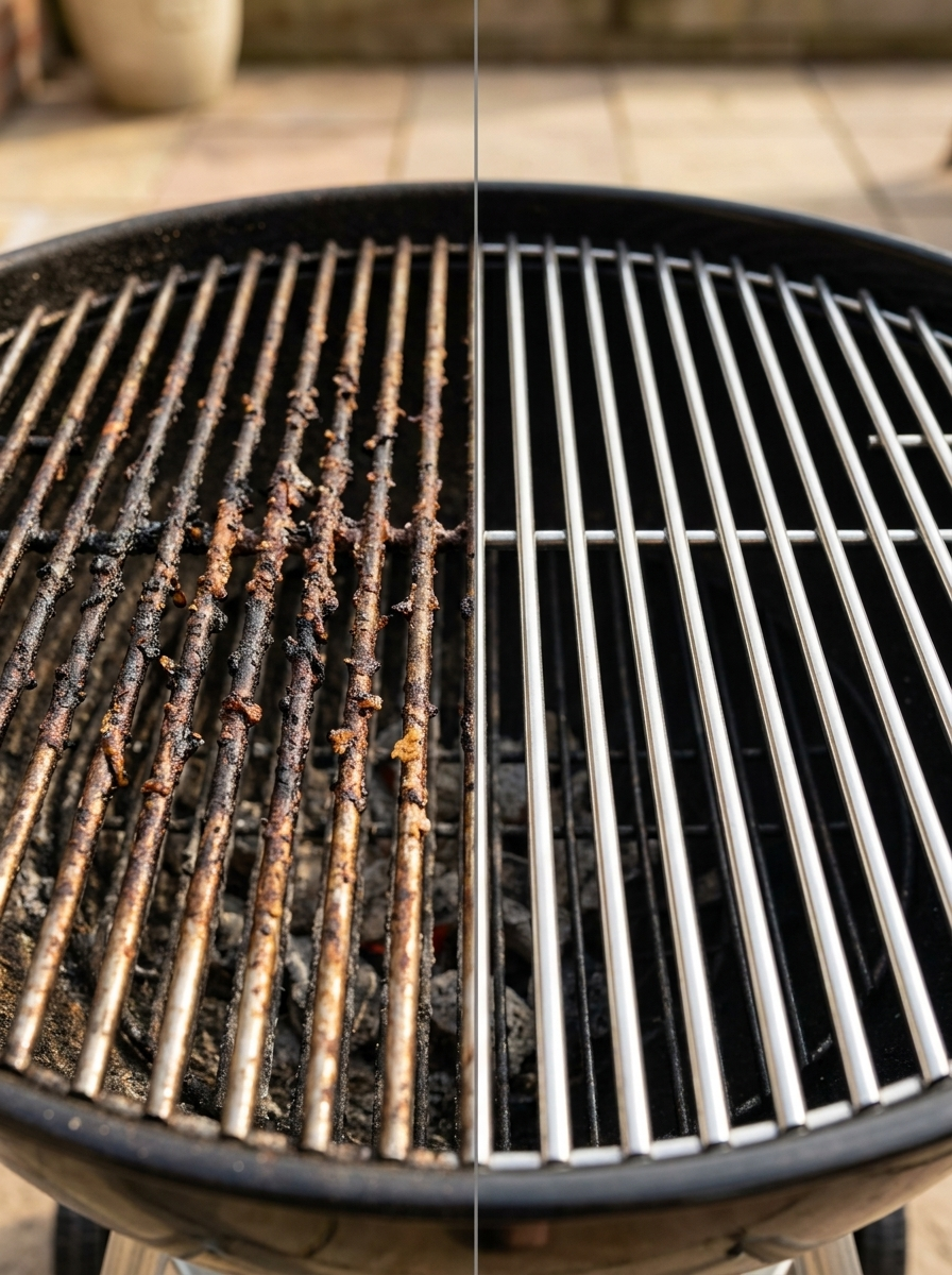 Comparativa antes y después de limpiar una parrilla con el cepillo eléctrico GrillBrixx: rejilla con grasa quemada a la izquierda, rejilla limpia a la derecha