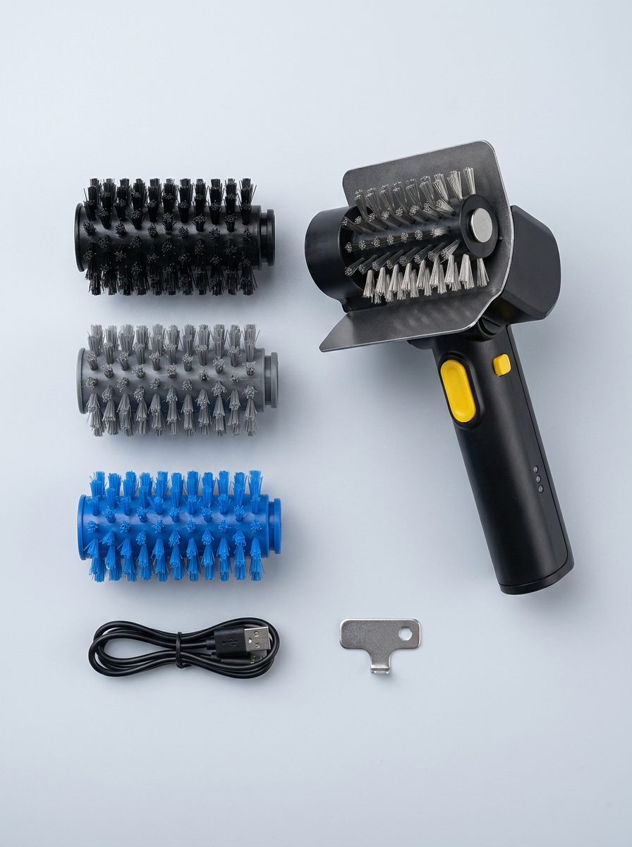 Kit completo del cepillo eléctrico GrillBrixx: cuerpo del cepillo, tres cabezales intercambiables (acero, acero fino y nylon), cable de carga USB y llave de cambio de cabezal